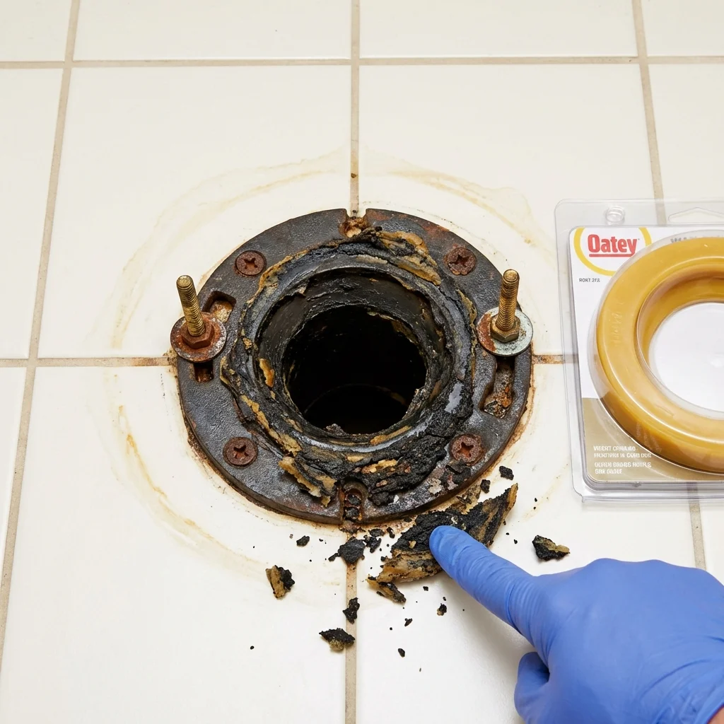 Failed wax ring showing water seepage at the base of a toilet in a Marion, IL home