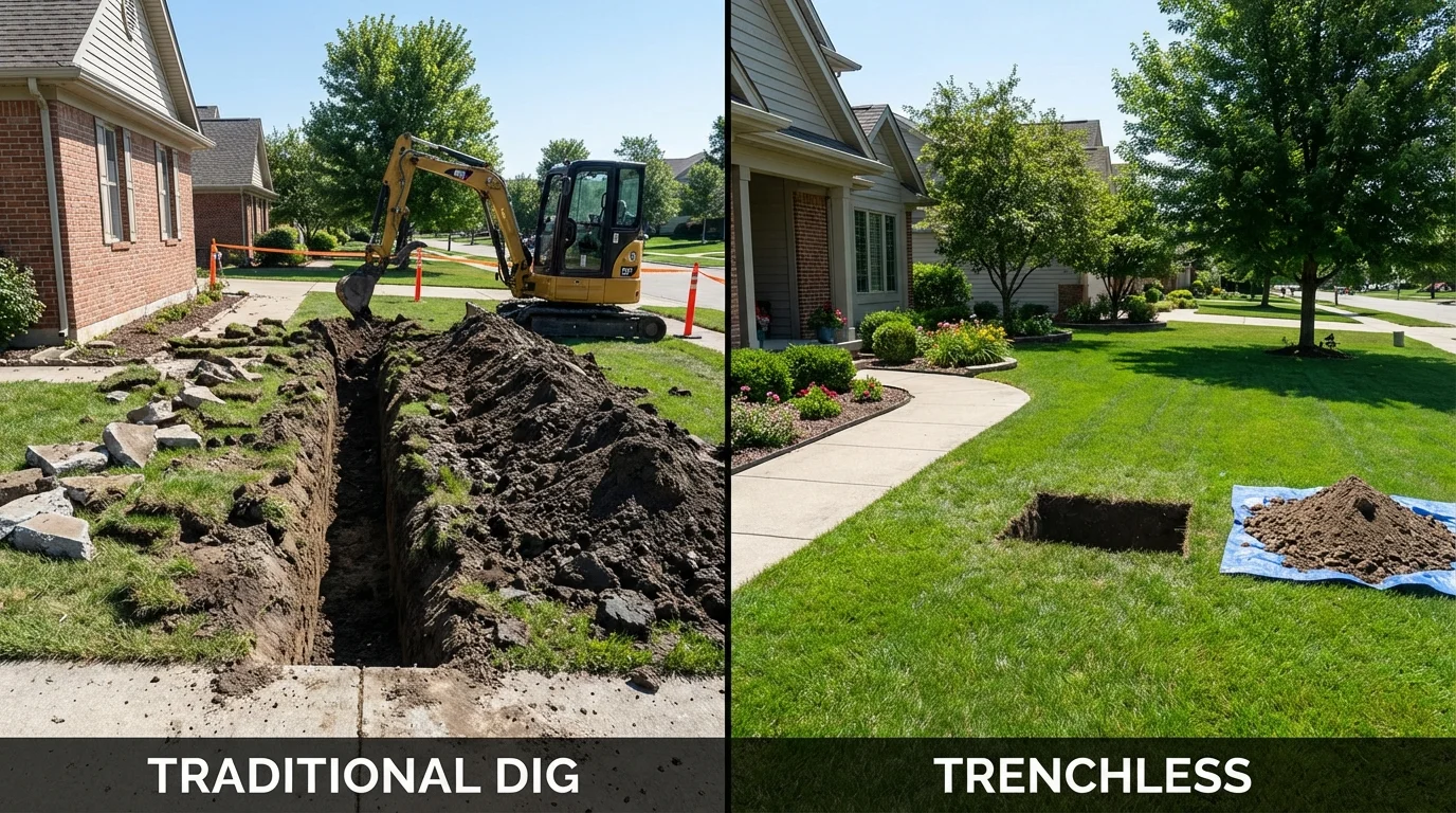 Trenchless sewer repair with minimal yard damage versus traditional excavation in Marion, IL